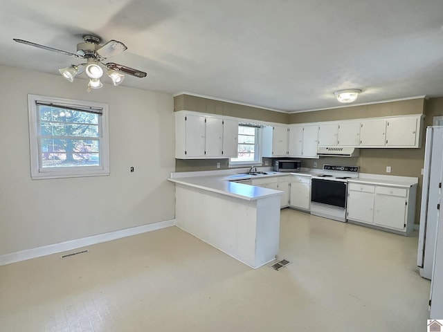 kitchen featuring white cabinets, kitchen peninsula, a wealth of natural light, and white appliances