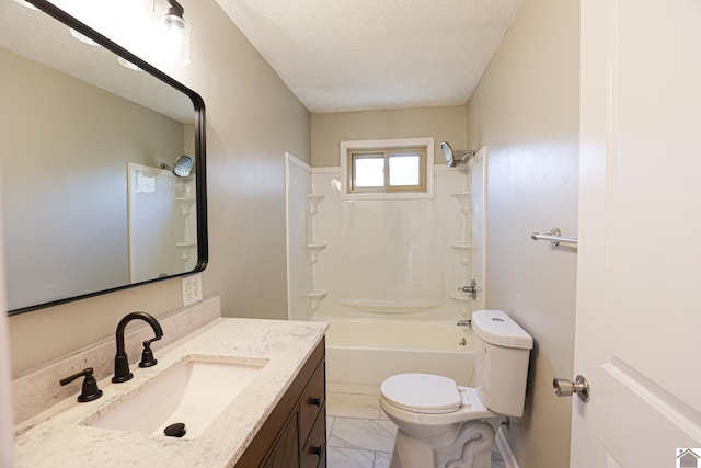 bathroom with toilet, marble finish floor, a textured ceiling, vanity, and shower / bathing tub combination