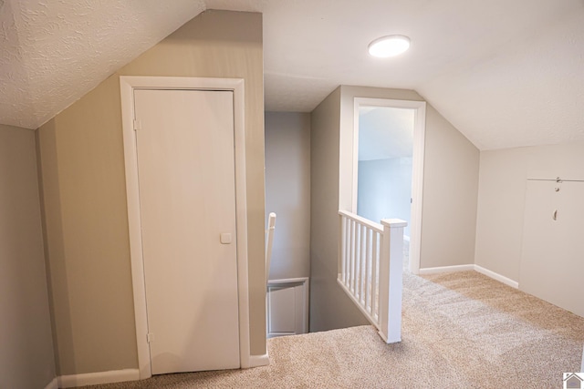 additional living space with carpet, baseboards, vaulted ceiling, and a textured ceiling