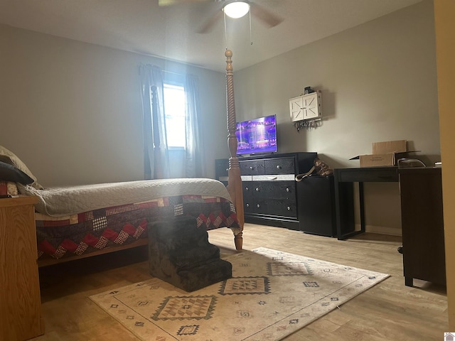 bedroom featuring ceiling fan and light wood-type flooring