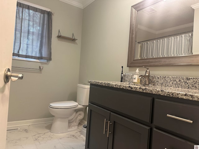 bathroom featuring toilet, walk in shower, vanity, and crown molding