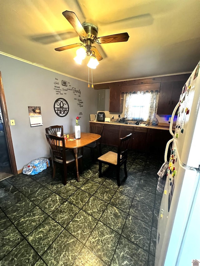 dining area with ceiling fan and crown molding