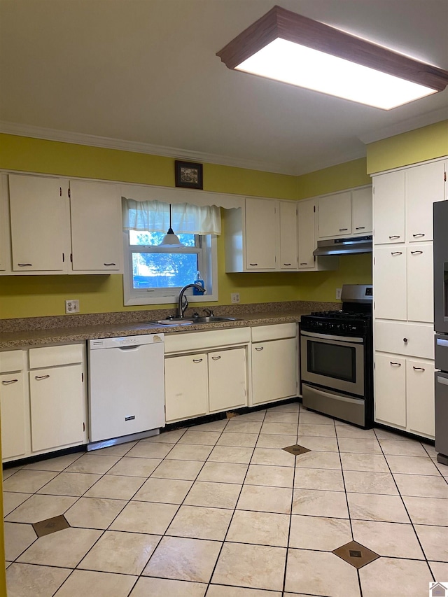 kitchen featuring crown molding, stainless steel range oven, white dishwasher, and sink