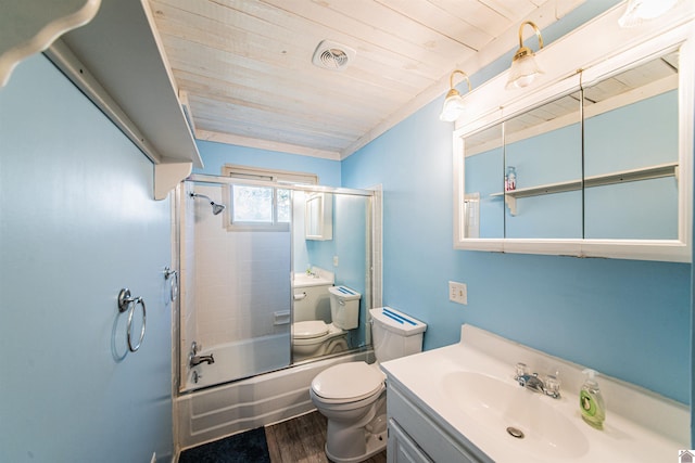 full bathroom with combined bath / shower with glass door, hardwood / wood-style floors, toilet, vanity, and wood ceiling