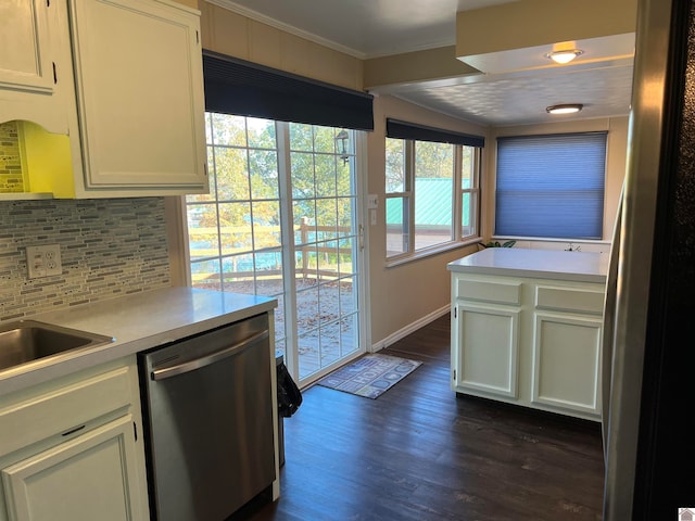 kitchen featuring dishwasher, dark hardwood / wood-style flooring, white cabinetry, and crown molding