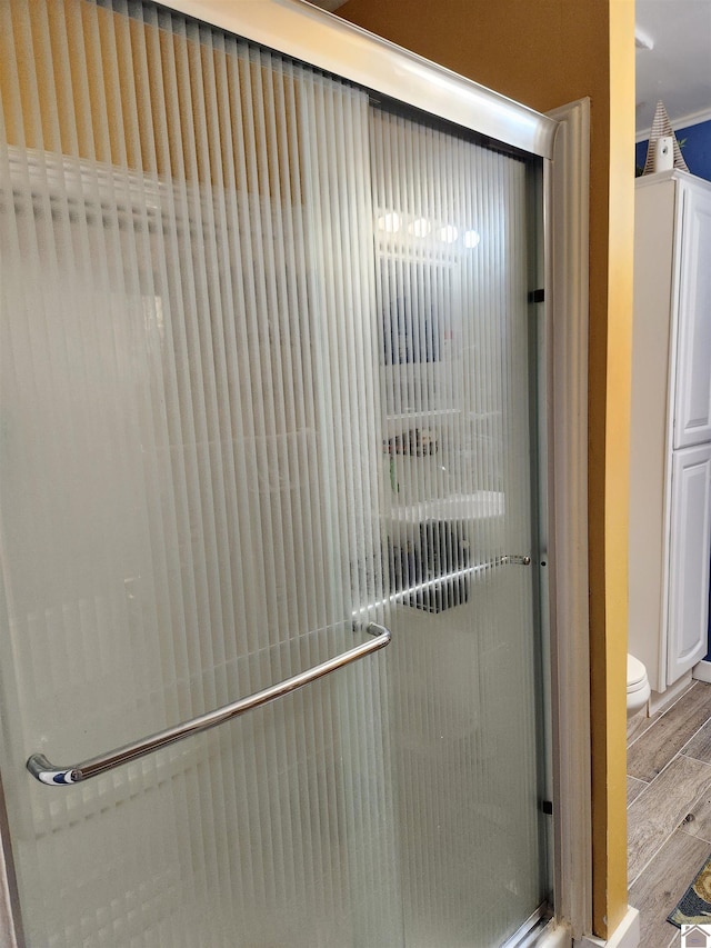 interior details featuring hardwood / wood-style floors, toilet, and a shower with shower door