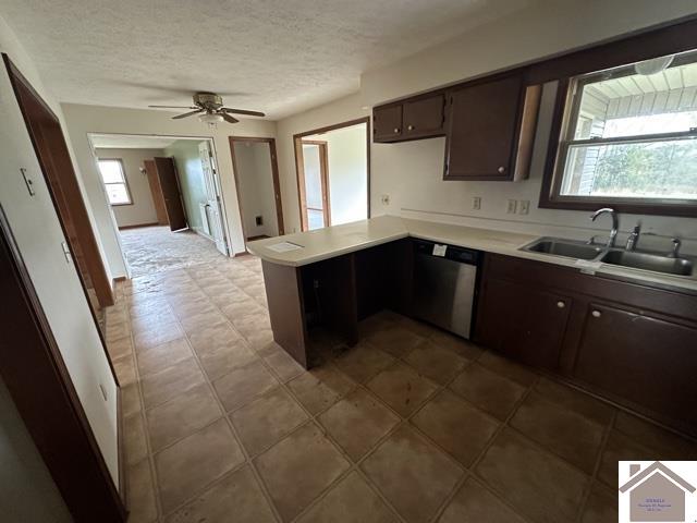 kitchen with stainless steel dishwasher, a healthy amount of sunlight, sink, and kitchen peninsula