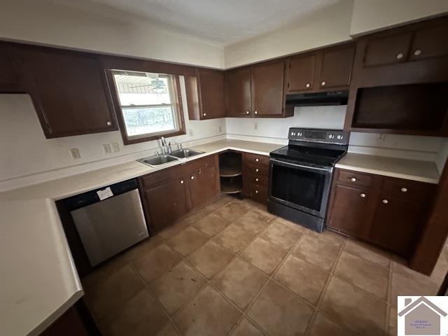 kitchen with black electric range oven, dark brown cabinetry, stainless steel dishwasher, and sink