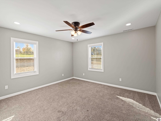 spare room featuring a wealth of natural light, carpet floors, and ceiling fan