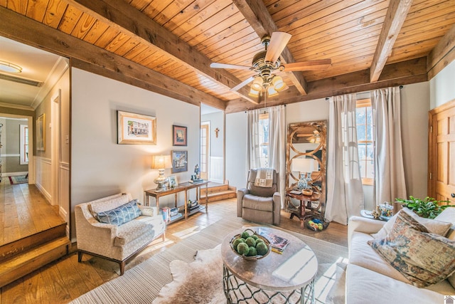 living room with ceiling fan, light hardwood / wood-style flooring, beamed ceiling, and wood ceiling