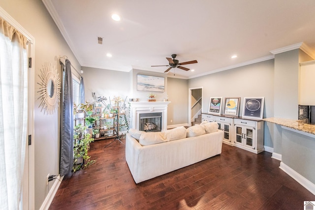 living room featuring ornamental molding, ceiling fan, and dark wood-type flooring