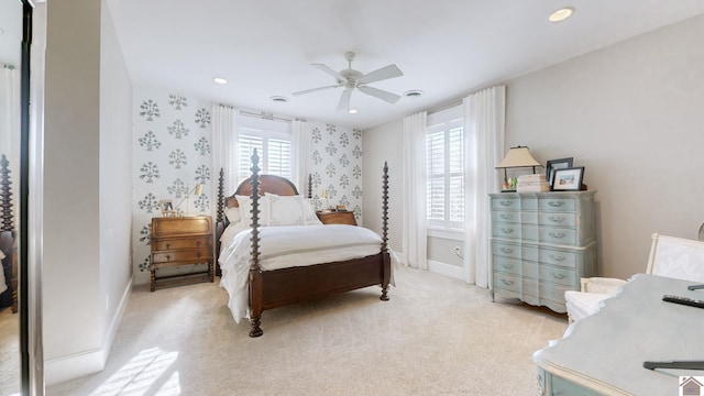 333 N 7th St Unit B, Paducah, KY 42001 - bedroom with ceiling fan, wallpapered walls, baseboards, recessed lighting, and light carpet