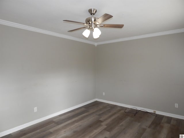 unfurnished room with ceiling fan, dark hardwood / wood-style floors, and crown molding