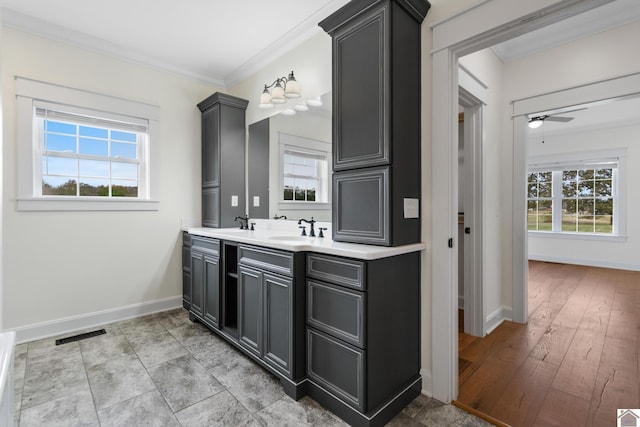 bathroom with wood-type flooring, a wealth of natural light, and ornamental molding