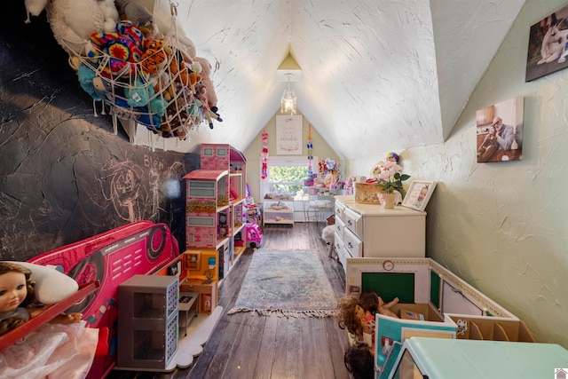 rec room with wood-type flooring and vaulted ceiling