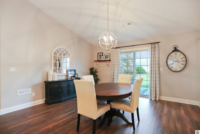 dining room with vaulted ceiling, an inviting chandelier, and dark wood-type flooring