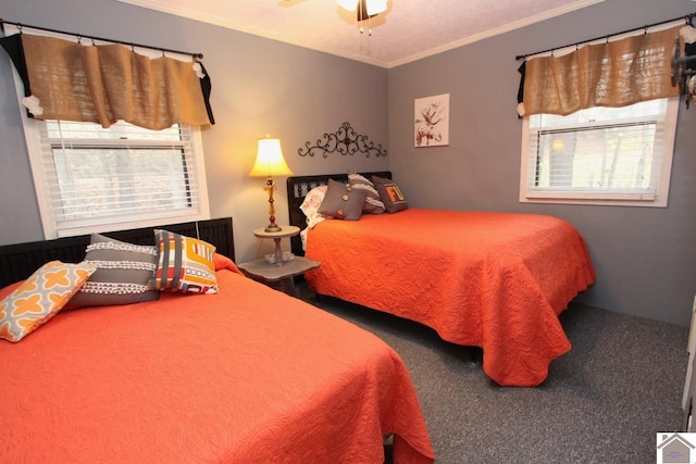 carpeted bedroom with multiple windows, ornamental molding, and ceiling fan