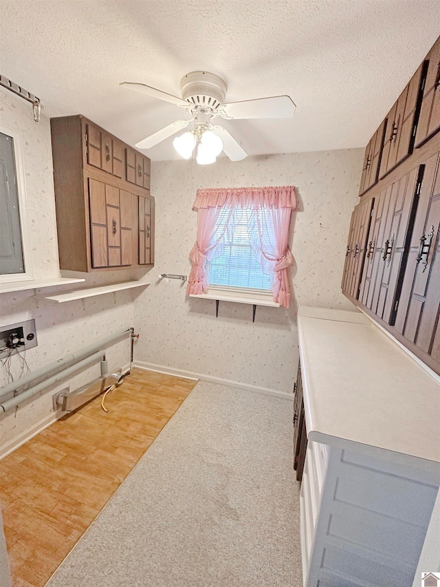 interior space featuring ceiling fan, light hardwood / wood-style floors, and a textured ceiling