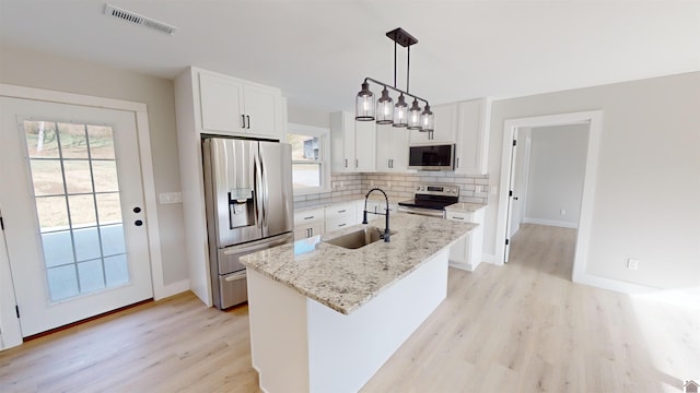 kitchen with pendant lighting, a center island with sink, white cabinets, sink, and appliances with stainless steel finishes