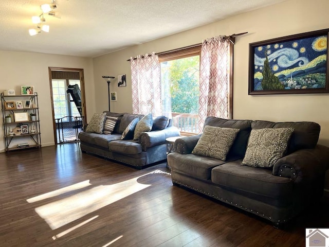 living room with dark hardwood / wood-style flooring and a textured ceiling