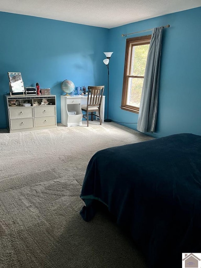 carpeted bedroom featuring a textured ceiling