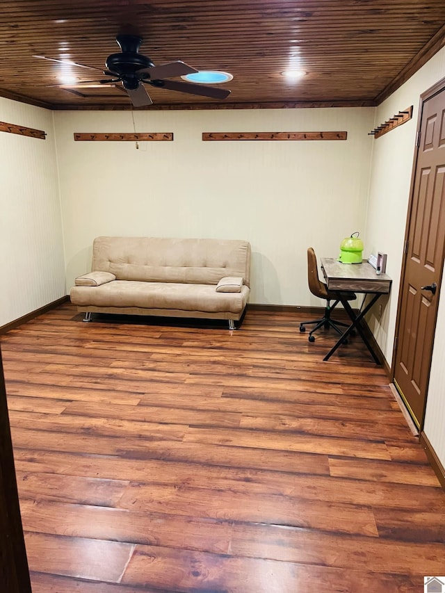 home office featuring hardwood / wood-style flooring, ceiling fan, and wooden ceiling