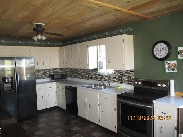 kitchen featuring sink, stainless steel appliances, backsplash, white cabinets, and wood ceiling