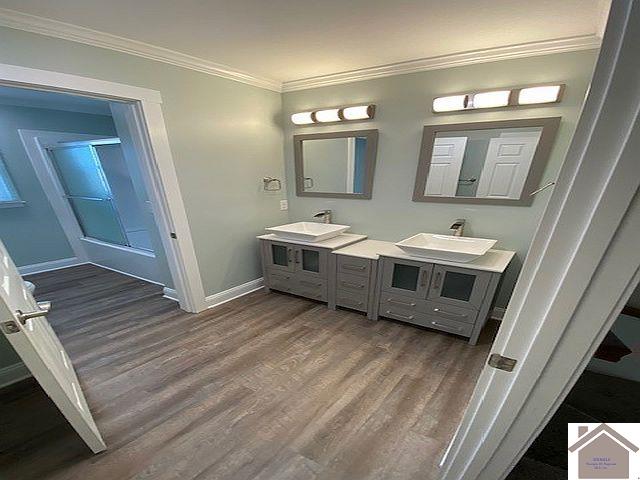 bathroom featuring hardwood / wood-style flooring, vanity, and crown molding