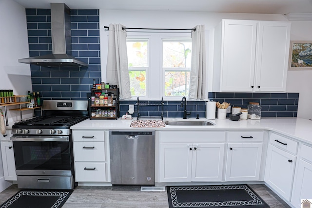 kitchen with backsplash, sink, wall chimney range hood, and stainless steel appliances