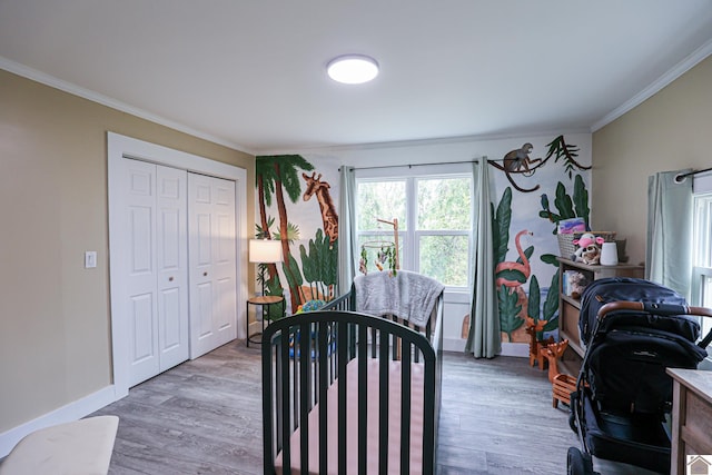 interior space featuring light hardwood / wood-style floors and crown molding