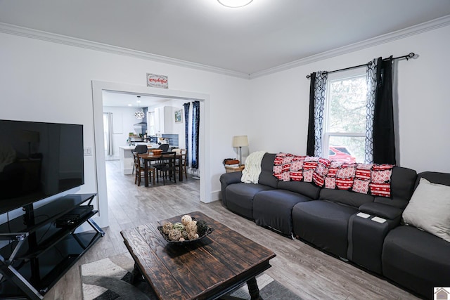 living room with light wood-type flooring and crown molding