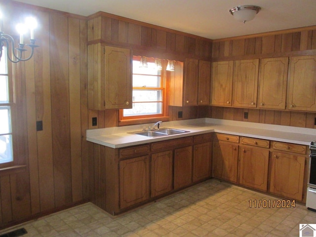 kitchen featuring stove, sink, and wooden walls