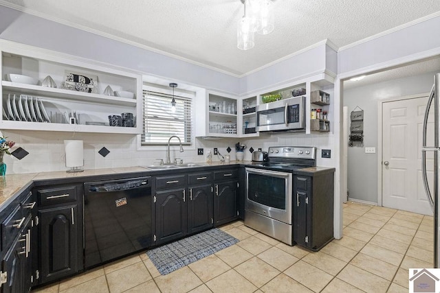 kitchen with appliances with stainless steel finishes, tasteful backsplash, ornamental molding, sink, and light tile patterned floors