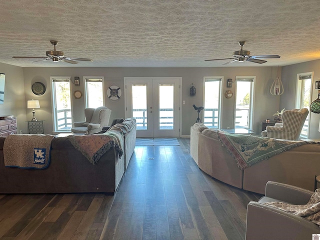 living room with ceiling fan, french doors, and dark wood-type flooring