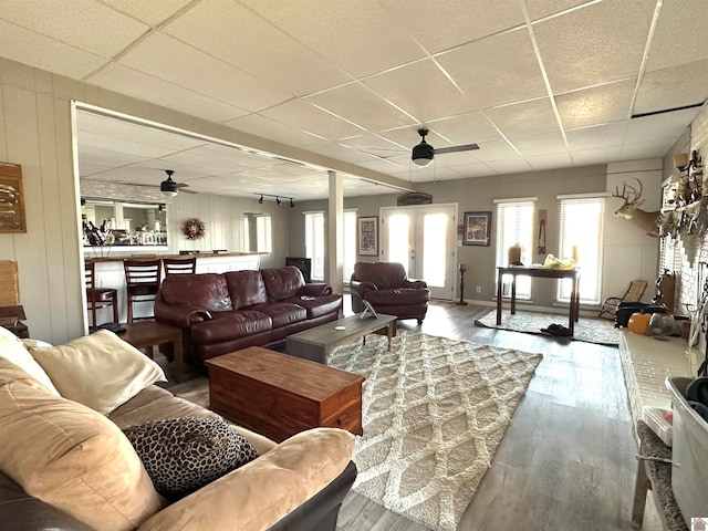 living room with a drop ceiling, hardwood / wood-style flooring, and ceiling fan