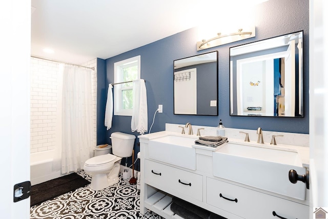 full bathroom featuring tile patterned flooring, vanity, toilet, and shower / bathtub combination with curtain