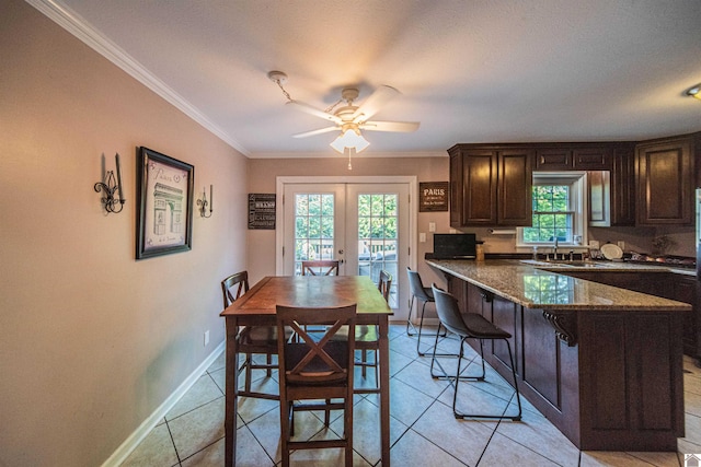 kitchen featuring ornamental molding, french doors, a wealth of natural light, and dark stone counters