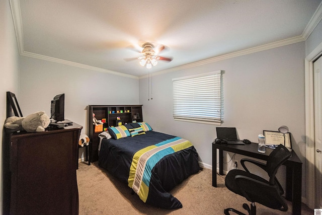 bedroom featuring light colored carpet, ceiling fan, and crown molding