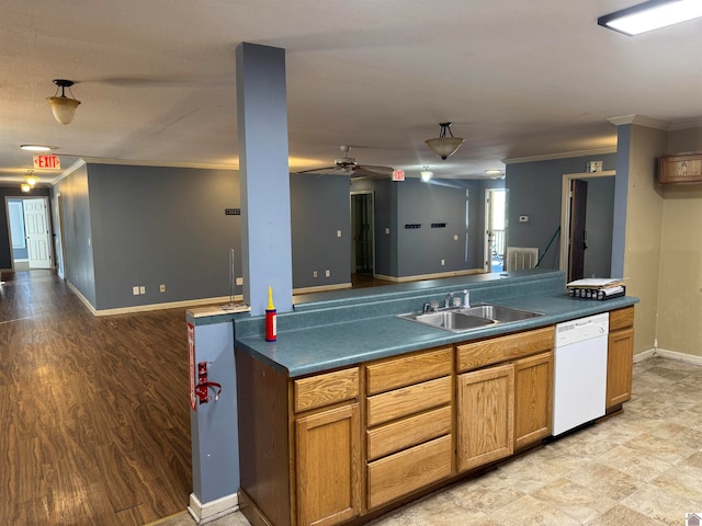 kitchen featuring ceiling fan, sink, white dishwasher, light hardwood / wood-style floors, and ornamental molding