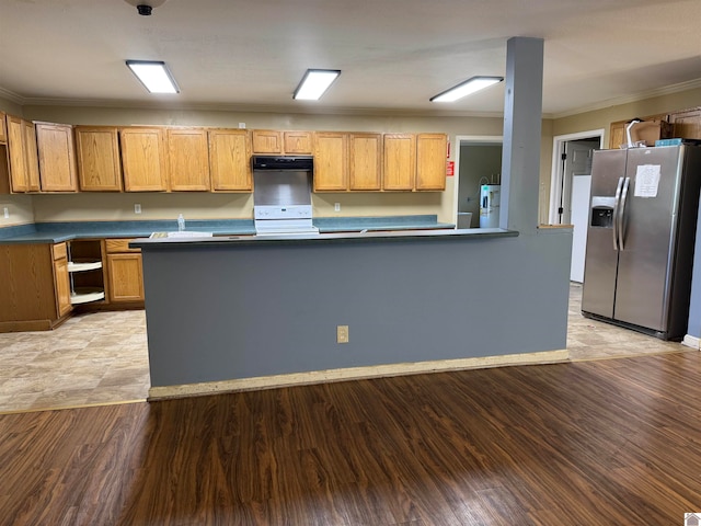 kitchen with white stove, light wood-type flooring, ornamental molding, fridge, and stainless steel fridge with ice dispenser