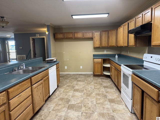 kitchen with sink, white appliances, and ornamental molding