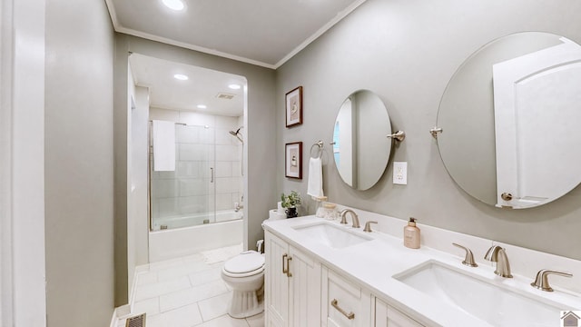 full bathroom with shower / bath combination with glass door, tile patterned floors, toilet, and ornamental molding