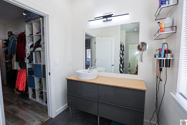 bathroom with vanity and wood-type flooring