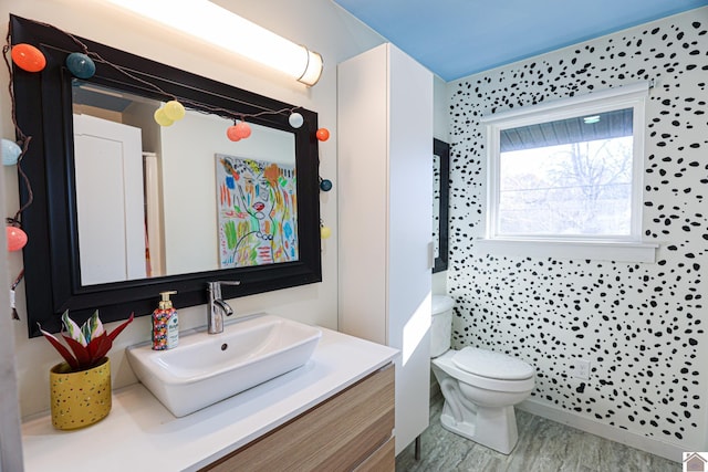 bathroom featuring hardwood / wood-style floors, vanity, and toilet