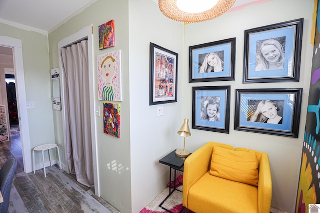 living area featuring hardwood / wood-style flooring and crown molding