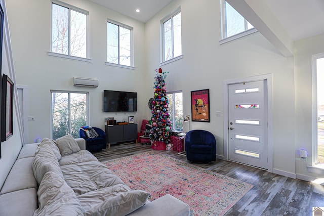 living room featuring plenty of natural light, dark hardwood / wood-style floors, and a high ceiling