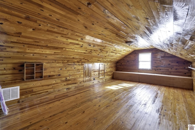 bonus room with hardwood / wood-style flooring, lofted ceiling, wood ceiling, and wooden walls