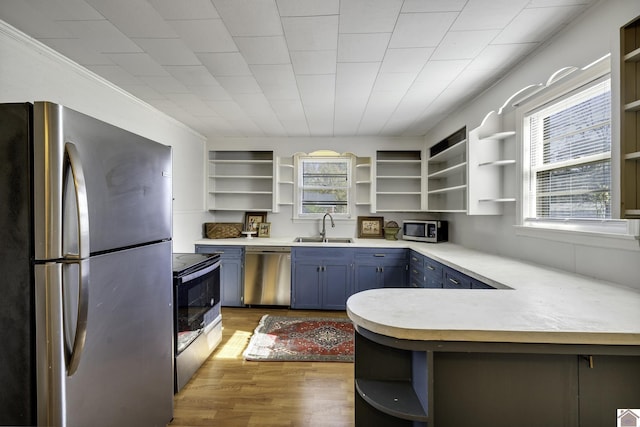 kitchen featuring kitchen peninsula, appliances with stainless steel finishes, sink, blue cabinetry, and light hardwood / wood-style flooring