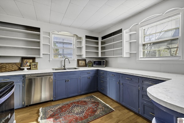 kitchen featuring blue cabinetry, plenty of natural light, stainless steel appliances, and sink