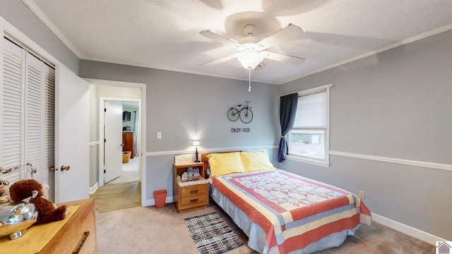 155 County Line Rd, Paducah, KY 42003 - bedroom with a textured ceiling, a closet, ornamental molding, light colored carpet, and a ceiling fan